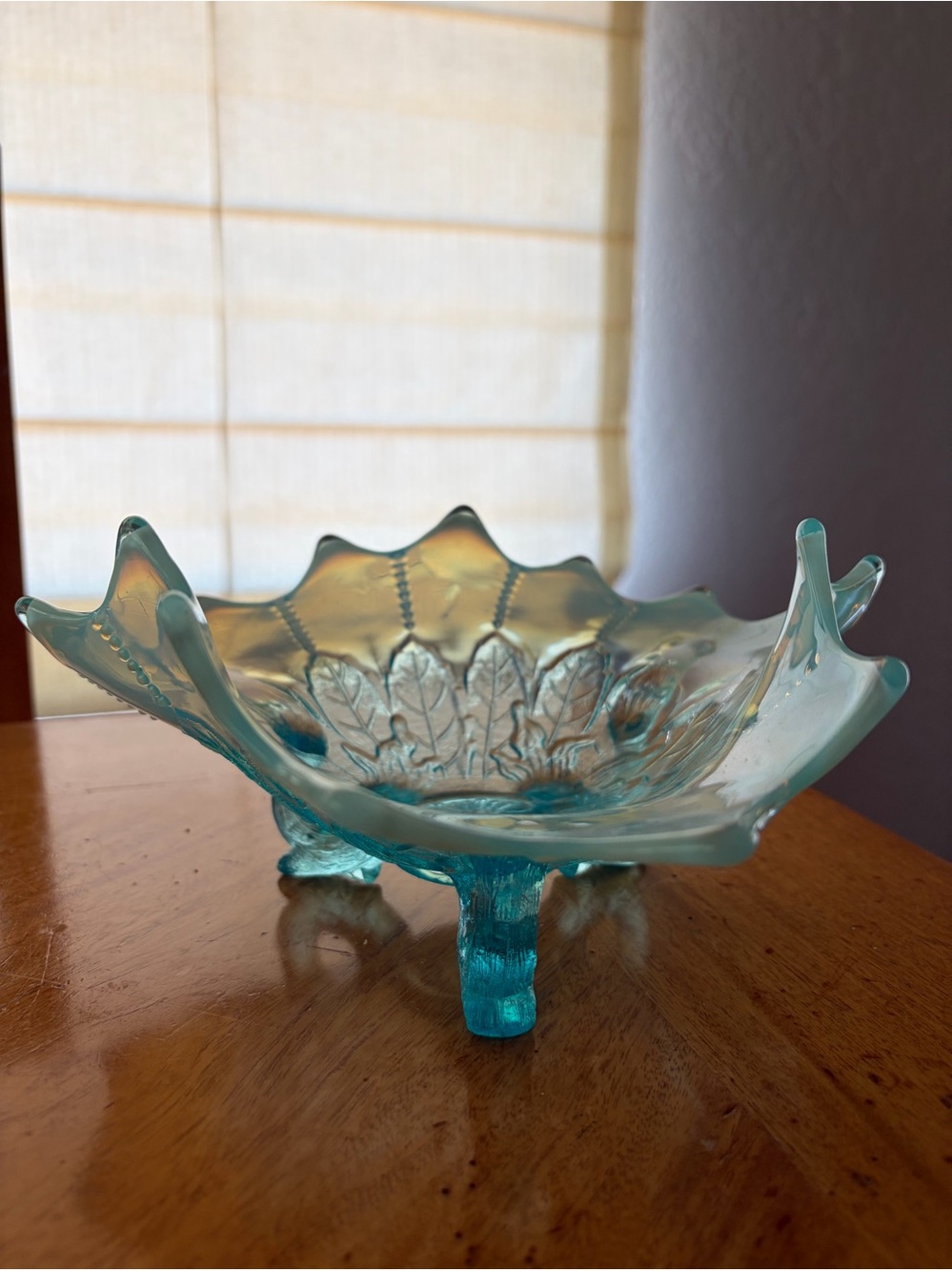 Vintage Art Glass Footed Bowl - Aqua Decorative Home Art
